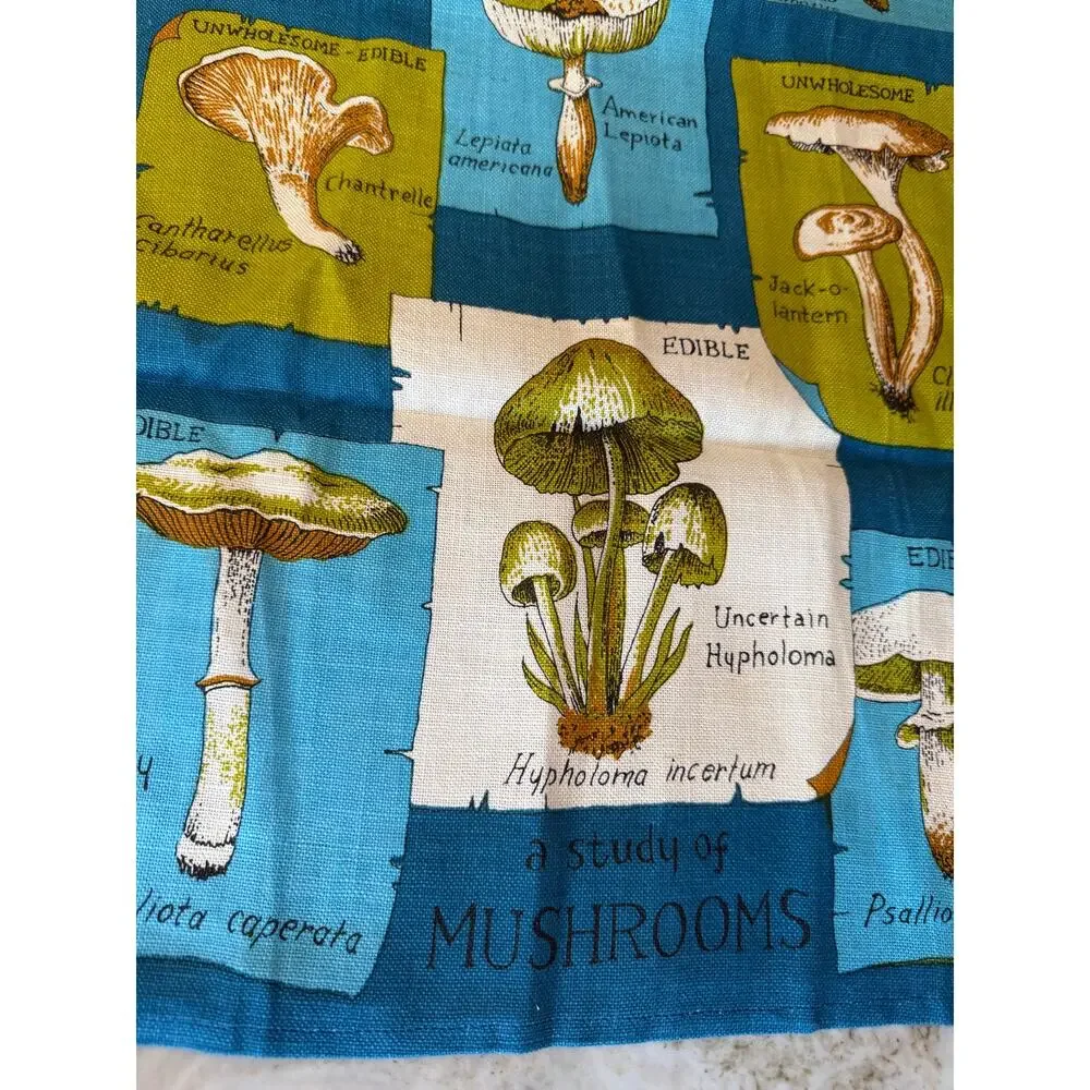 Vintage Mushroom Story Linen Tea Dish Towel Blue Green